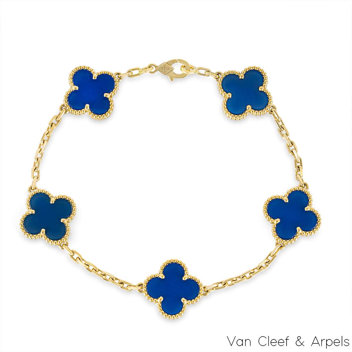 Van Cleef & Arpels Yellow Gold Blue Agate Vintage Alhambra 5 Motif Bracelet VCARP34900 Van Cleef & Arpels Yellow Gold Blue Agate Vintage Alhambra 5 Motif Bracelet VCARP34900
